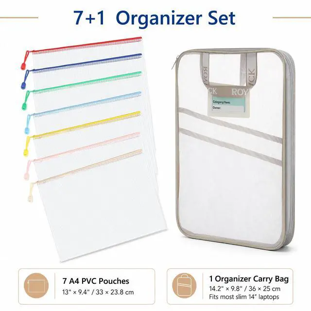 Alt view image 2 of 7 - 7 Pack PVC Mesh Zipper Pouch Set with 1 Organizer Bag A4/Letter Size Translucent File Bags Water-Resistant Plastic Document Pouches for Office College School & Travel Supplies (8pcs)