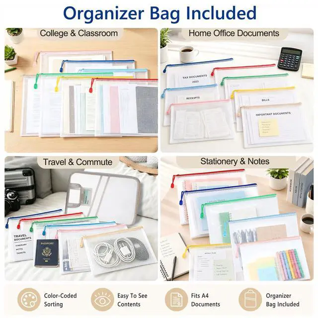 Alt view image 6 of 7 - 7 Pack PVC Mesh Zipper Pouch Set with 1 Organizer Bag A4/Letter Size Translucent File Bags Water-Resistant Plastic Document Pouches for Office College School & Travel Supplies (8pcs)