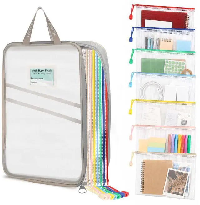 Main image of 7 Pack PVC Mesh Zipper Pouch Set with 1 Organizer Bag A4/Letter Size Translucent File Bags Water-Resistant Plastic Document Pouches for Office College School & Travel Supplies (8pcs)