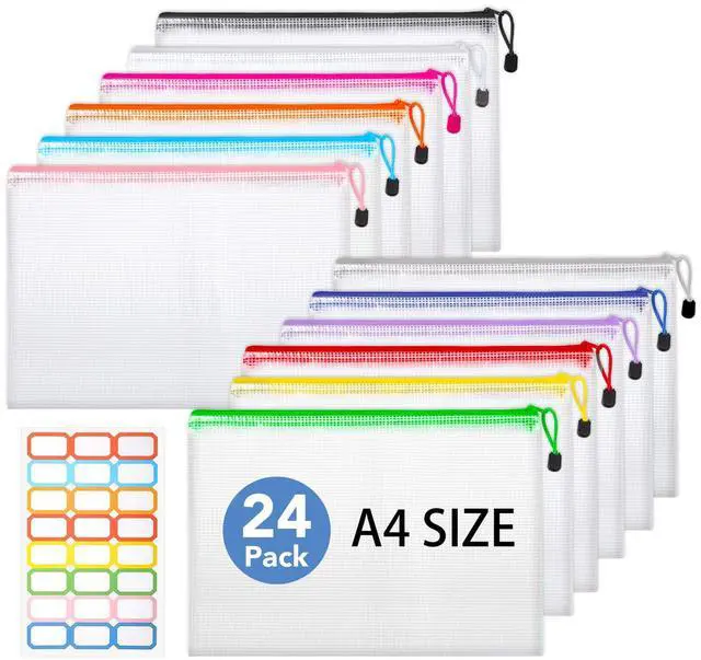 Main image of 24 Pack Mesh Zipper Pouch Bags, A4 Letter Size Mesh Bag with Sticky Labels - 12 Colors Waterproof Zipper Bags for Board Game, Puzzle, Office Files, Travel and Home Storage