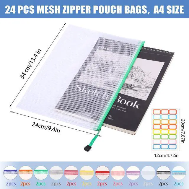 Alt view image 2 of 7 - 24 Pack Mesh Zipper Pouch Bags, A4 Letter Size Mesh Bag with Sticky Labels - 12 Colors Waterproof Zipper Bags for Board Game, Puzzle, Office Files, Travel and Home Storage
