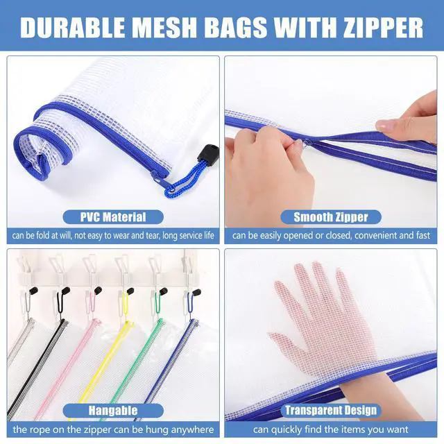 Alt view image 3 of 7 - 24 Pack Mesh Zipper Pouch Bags, A4 Letter Size Mesh Bag with Sticky Labels - 12 Colors Waterproof Zipper Bags for Board Game, Puzzle, Office Files, Travel and Home Storage