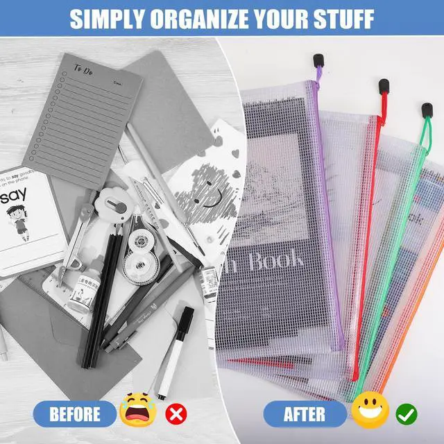 Alt view image 6 of 7 - 24 Pack Mesh Zipper Pouch Bags, A4 Letter Size Mesh Bag with Sticky Labels - 12 Colors Waterproof Zipper Bags for Board Game, Puzzle, Office Files, Travel and Home Storage