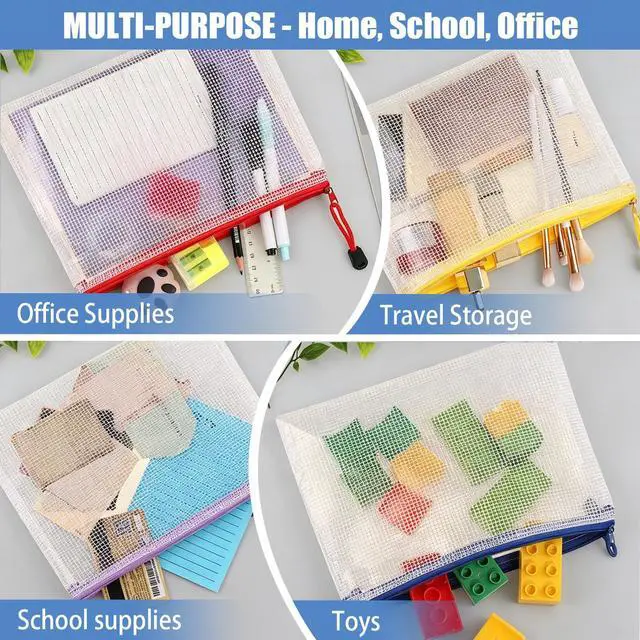 Alt view image 7 of 7 - 24 Pack Mesh Zipper Pouch Bags, A4 Letter Size Mesh Bag with Sticky Labels - 12 Colors Waterproof Zipper Bags for Board Game, Puzzle, Office Files, Travel and Home Storage