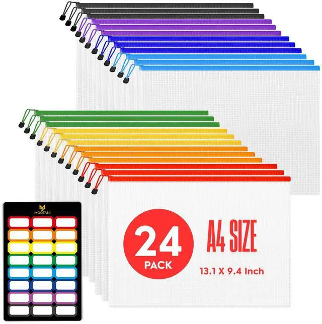 Main image of 24 Pcs Mesh Zipper Pouch Bags A4 (13.1x9.4) inches Letter Size Waterproof, Reusable Zipper Bags for Board Game & Puzzle Storage, 8 Colors