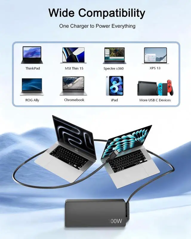Alt view image 6 of 7 - Universal 100W USB-C Laptop Charger Compatible with Lenovo, Acer, HP, Dell, MacBook, ASUS, Samsung, Google and More Type-C Computers, PD 3.0 Fast Charging Power Cord AC Adapter