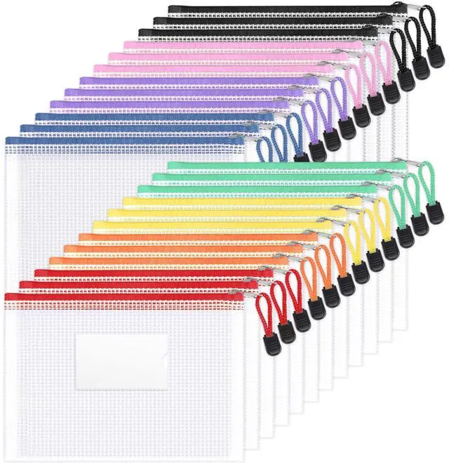 Main image of 24 Pack Mesh Zipper Pouch Bags with Label Pocket, A5 (9.4×6.8 in) Small Pencil Case Pouch for Organizing, Clear Plastic Pencil Pouches Bulk for School Supplies Storage, Money Envelopes for Cash