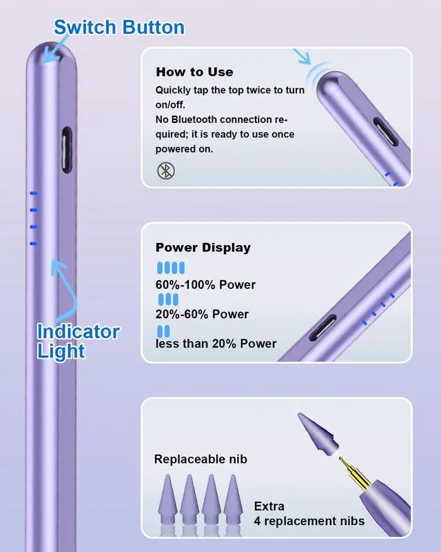 Alt view image 5 of 7 - Stylus Pen for iPad (2018-2026), Fast Charge for iPad Pencil with Palm Rejection, Active Pen Compatible with Apple iPad A16 11/10/9/8/7/6, iPad Pro M5/M4/11/12.9", Mini 5/6, Air 3/4/5/M2/M3 (Purple)