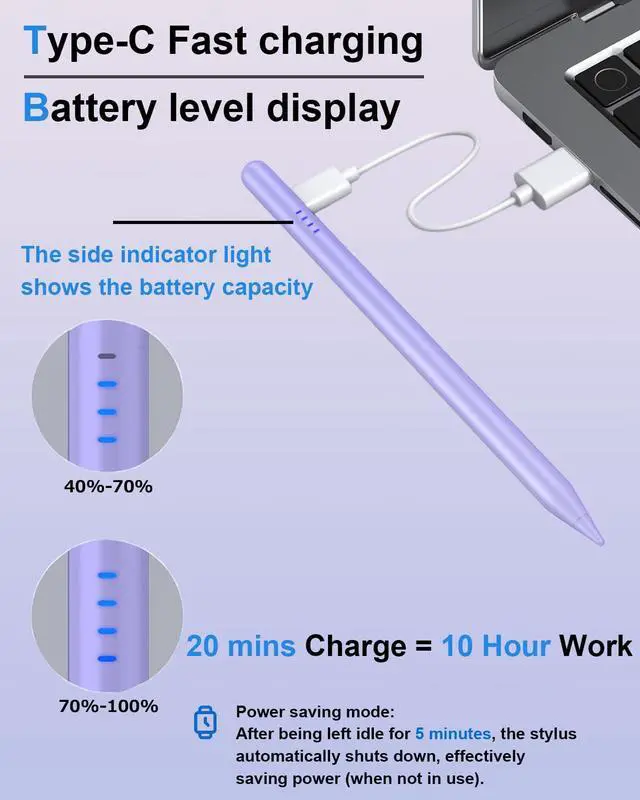 Alt view image 7 of 7 - Stylus Pen for iPad (2018-2026), Fast Charge for iPad Pencil with Palm Rejection, Active Pen Compatible with Apple iPad A16 11/10/9/8/7/6, iPad Pro M5/M4/11/12.9", Mini 5/6, Air 3/4/5/M2/M3 (Purple)