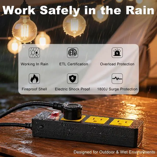 Alt view image 7 of 7 - Outdoor Power Strip with Extension Cord 6FT, Weatherproof Surge Protector, 3 Shockproof Outlets & Overload Safety Wall Mount Power Strip for Home/Outdoor Patio, Christmas Lights