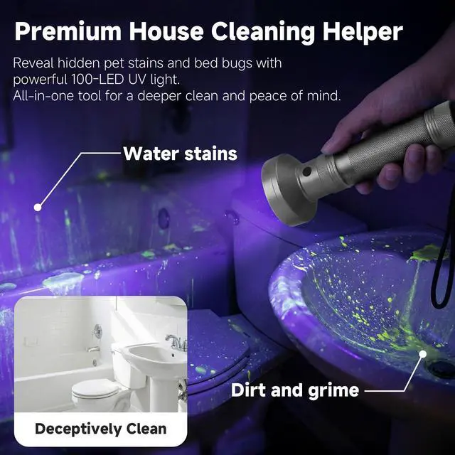 Alt view image 3 of 7 - 100 LED 395nm UV Flashlight Black Light, Portable Ultraviolet Torch for Pet Urine Detection, Stains, Scorpions, and Bed Bugs High Power UV Lamp (Batteries Not Included)