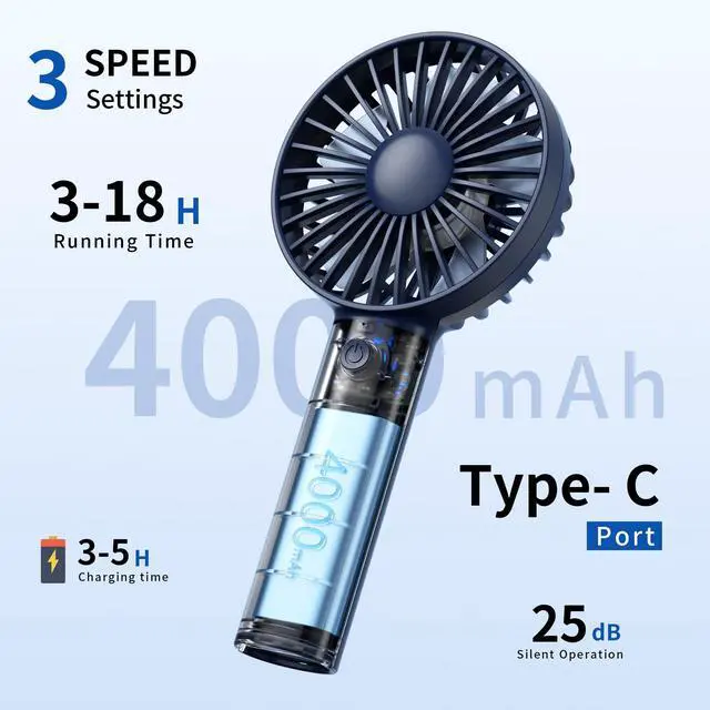 Alt view image 3 of 7 - Handheld Fan, USB Rechargeable Mini Portable Fan with Base, 10H Battery, Strong Wind, Small & Powerful, Cute Design for Travel, Makeup, Girls Women Summer Gift (Dark Blue)