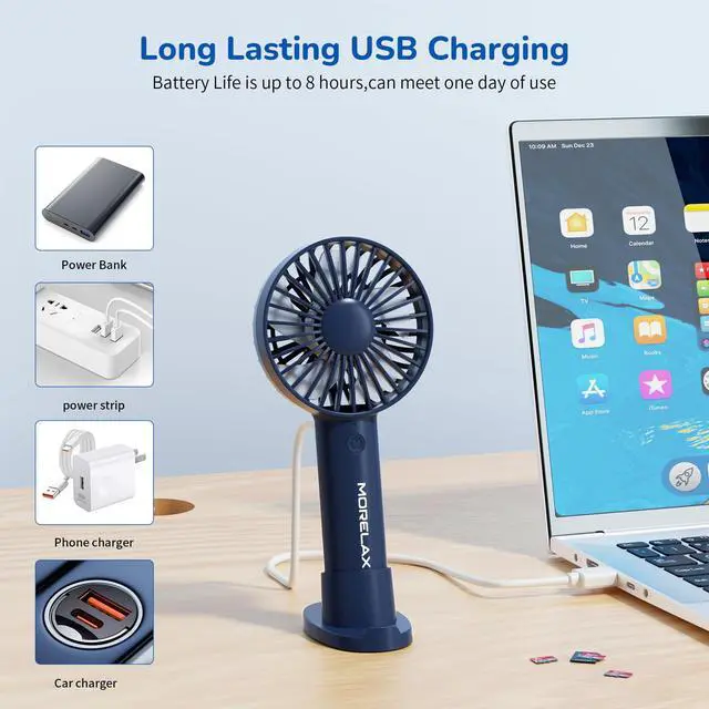 Alt view image 4 of 7 - Handheld Fan, USB Rechargeable Mini Portable Fan with Base, 10H Battery, Strong Wind, Small & Powerful, Cute Design for Travel, Makeup, Girls Women Summer Gift (Dark Blue)