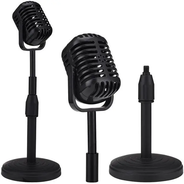 Main image of Vintage Desktop Microphone Prop Model with Adjustable Stand, Classic Retro Style Fake Microphone Prop for Home Decro Costume Role Play & Game Night - Black