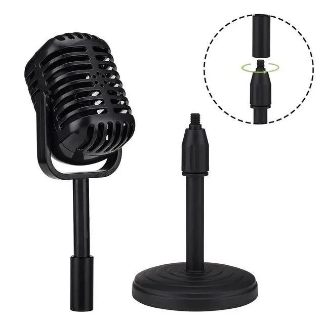 Alt view image 4 of 7 - Vintage Desktop Microphone Prop Model with Adjustable Stand, Classic Retro Style Fake Microphone Prop for Home Decro Costume Role Play & Game Night - Black