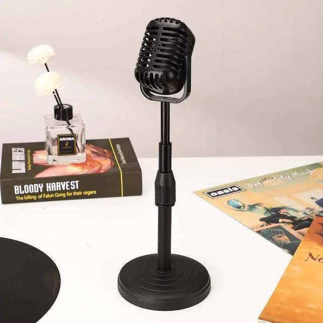 Alt view image 7 of 7 - Vintage Desktop Microphone Prop Model with Adjustable Stand, Classic Retro Style Fake Microphone Prop for Home Decro Costume Role Play & Game Night - Black