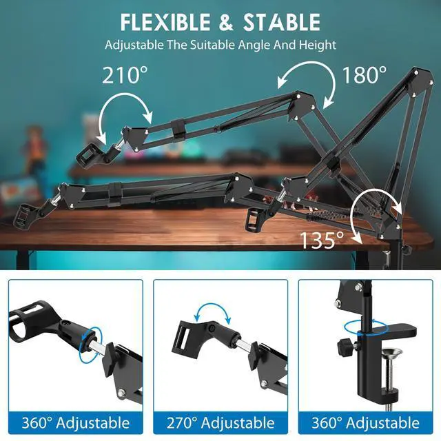 Alt view image 2 of 7 - Microphone Stand, Adjustable Microphone Desk Stand for HyperX Mic Boom Arm Stand for Broadcasting Recording, Voice-Over Sound Studio, Stages, Streaming, Singing and TV Stations