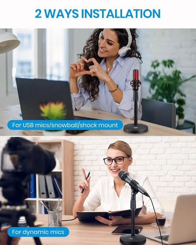Alt view image 5 of 6 - Desktop Microphone Stand, Moukey Upgraded Adjustable Table Mic Stand with Non-Slip Metal Base for Blue Yeti Snowball Spark, Other Microphone, height adjustment 9.84 to 14.17-MMs-2