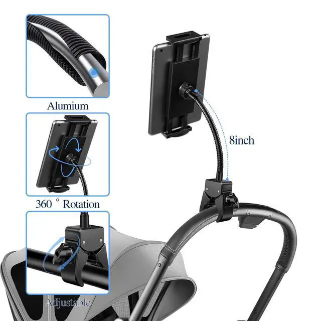 Alt view image 3 of 7 - Tablet Holder for Treadmill, Wheelchair, Mic Stand, Bike, Stroller, Flexible Gooseneck Arm, Clamp Mount, Compatible with 4.7-13" iPad Pro/Air/Mini, Phone, Galaxy Tabs, Fire HD, E-Book