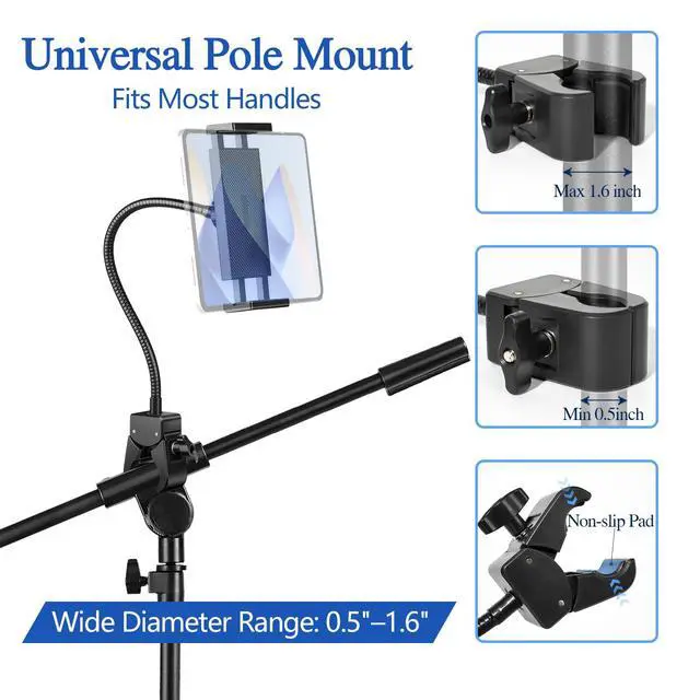 Alt view image 4 of 7 - Tablet Holder for Treadmill, Wheelchair, Mic Stand, Bike, Stroller, Flexible Gooseneck Arm, Clamp Mount, Compatible with 4.7-13" iPad Pro/Air/Mini, Phone, Galaxy Tabs, Fire HD, E-Book