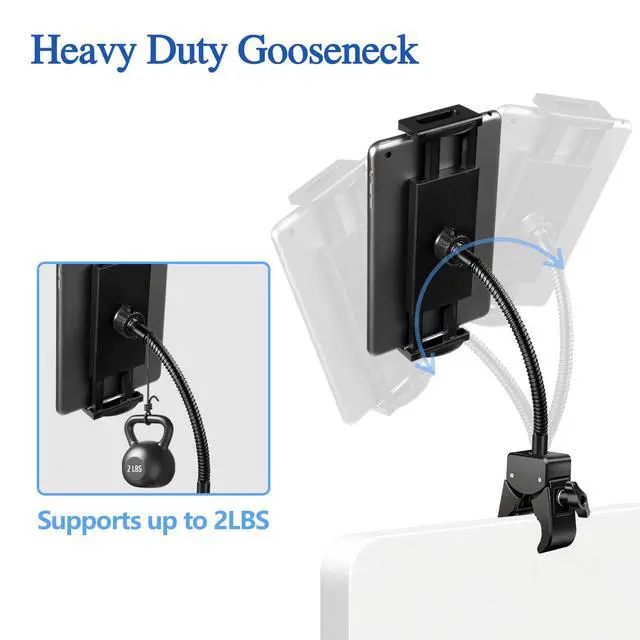 Alt view image 5 of 7 - Tablet Holder for Treadmill, Wheelchair, Mic Stand, Bike, Stroller, Flexible Gooseneck Arm, Clamp Mount, Compatible with 4.7-13" iPad Pro/Air/Mini, Phone, Galaxy Tabs, Fire HD, E-Book