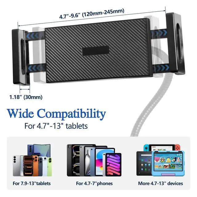 Alt view image 6 of 7 - Tablet Holder for Treadmill, Wheelchair, Mic Stand, Bike, Stroller, Flexible Gooseneck Arm, Clamp Mount, Compatible with 4.7-13" iPad Pro/Air/Mini, Phone, Galaxy Tabs, Fire HD, E-Book