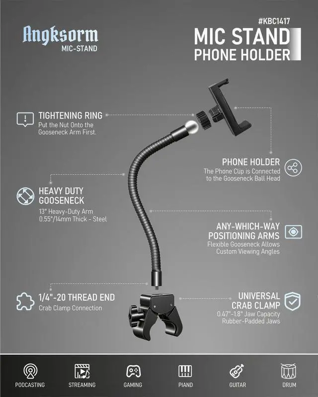 Alt view image 2 of 7 - KBC1417 Phone Holder for Mic Stand, 9-Inch Gooseneck, Super Clamp