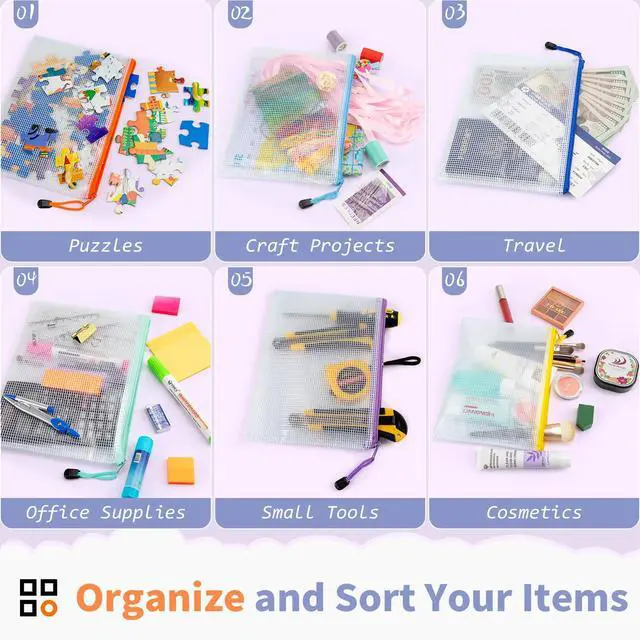 Alt view image 5 of 7 - 24 Pack 12 Colors Small Zipper Pouch, 9.5" x 7.1"/A5 Size Mesh Bags with Zipper, mesh Bags for Puzzles Board Games and Office Supplies Travel Accessories