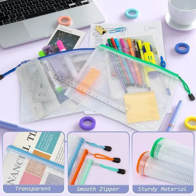 Alt view image 3 of 7 - 24 Pack 12 Colors Small Zipper Pouch, 9.5" x 7.1"/A5 Size Mesh Bags with Zipper, mesh Bags for Puzzles Board Games and Office Supplies Travel Accessories