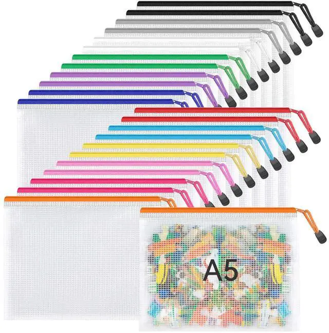 Main image of 24 Pack 12 Colors Small Zipper Pouch, 9.5" x 7.1"/A5 Size Mesh Bags with Zipper, mesh Bags for Puzzles Board Games and Office Supplies Travel Accessories
