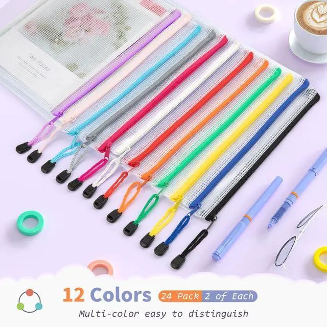 Alt view image 2 of 7 - 24 Pack 12 Colors Small Zipper Pouch, 9.5" x 7.1"/A5 Size Mesh Bags with Zipper, mesh Bags for Puzzles Board Games and Office Supplies Travel Accessories
