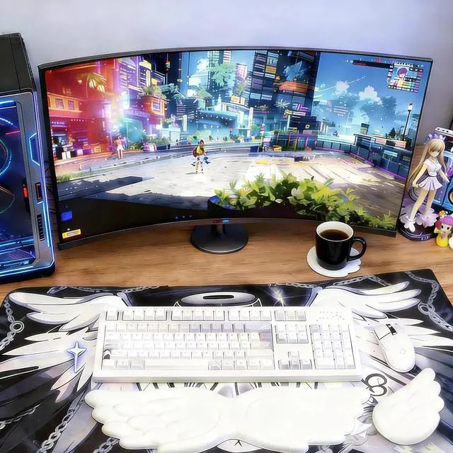 Alt view image 2 of 7 - Angel Wing Wrist Rest Ergonomic Memory Foam Wrist Rest for Computer Keyboard Mouse Set with Cup Mat, Cute Gaming Keyboard Cushion Hand Support PU Leather Surface Anti-Slip WaterproofWhite