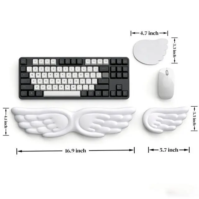 Alt view image 7 of 7 - Angel Wing Wrist Rest Ergonomic Memory Foam Wrist Rest for Computer Keyboard Mouse Set with Cup Mat, Cute Gaming Keyboard Cushion Hand Support PU Leather Surface Anti-Slip WaterproofWhite