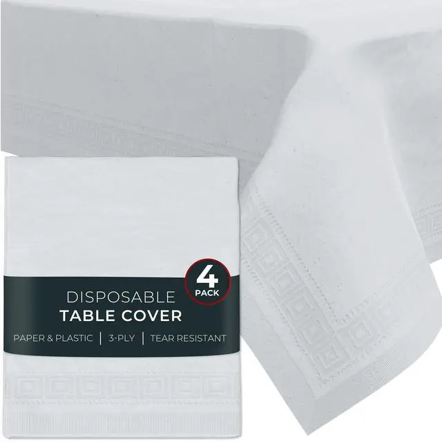 Main image of Paper Tablecloths for Rectangle Tables | 54 X 108 4 Pack | White Paper Disposable Tablecloth | 3-Ply Premium Paper & Plastic Table Cloths for Parties Disposable