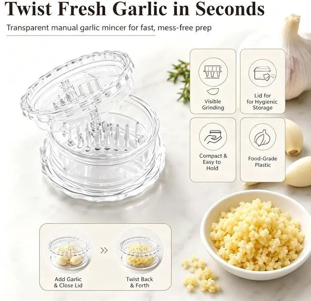 Alt view image 2 of 7 - Clear Manual Garlic Twister and Ginger Mincer Tool, Manual Garlic Twister and Mincer,Garlic Crusher, Garlic Grinder, Compact Garlic Mincer Tool for Onion, Ginger, Herbs, Nuts(White)