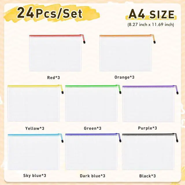 Alt view image 2 of 7 - 24pcs Mesh Zipper Pouch Bags, A4 Letter Size 8 Colors Plastic Zipper Bags for Organizing Storage, Clear Pouches with Zipper, Waterproof Mesh Bags for Office Supplies, Home Organize, Travel Storage