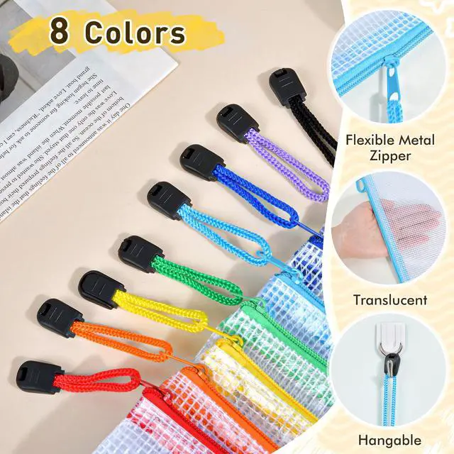 Alt view image 3 of 7 - 24pcs Mesh Zipper Pouch Bags, A4 Letter Size 8 Colors Plastic Zipper Bags for Organizing Storage, Clear Pouches with Zipper, Waterproof Mesh Bags for Office Supplies, Home Organize, Travel Storage