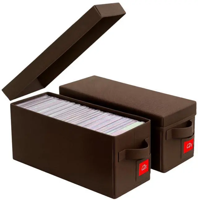Main image of CD Storage Boxes 2 Pack Brown Disc Organizer with Lids, Holds 35 CDs in Standard Jewel Cases per Box, Sturdy & Stackable CD Holder for Media, DVDs, and Discs