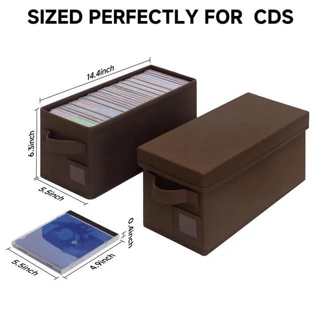 Alt view image 3 of 5 - CD Storage Boxes 2 Pack Brown Disc Organizer with Lids, Holds 35 CDs in Standard Jewel Cases per Box, Sturdy & Stackable CD Holder for Media, DVDs, and Discs