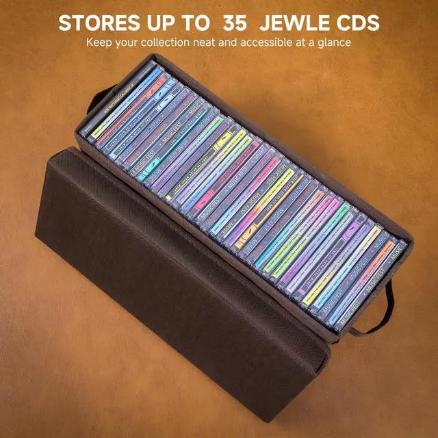 Alt view image 4 of 5 - CD Storage Boxes 2 Pack Brown Disc Organizer with Lids, Holds 35 CDs in Standard Jewel Cases per Box, Sturdy & Stackable CD Holder for Media, DVDs, and Discs