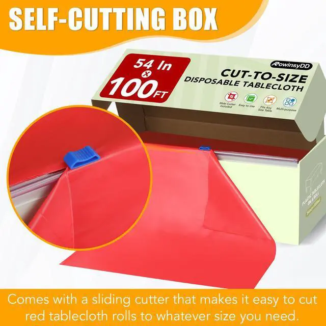 Alt view image 2 of 6 - 54 in X 100 FT Red Plastic Table Cover Roll with Slide Cutter, Cuts Up to 12 Rectangle 8 Feet Disposable Plastic Table ClothsDisposable Table Cover Roll for Dinning, Parties, BBQ, Wedding, Outdoor