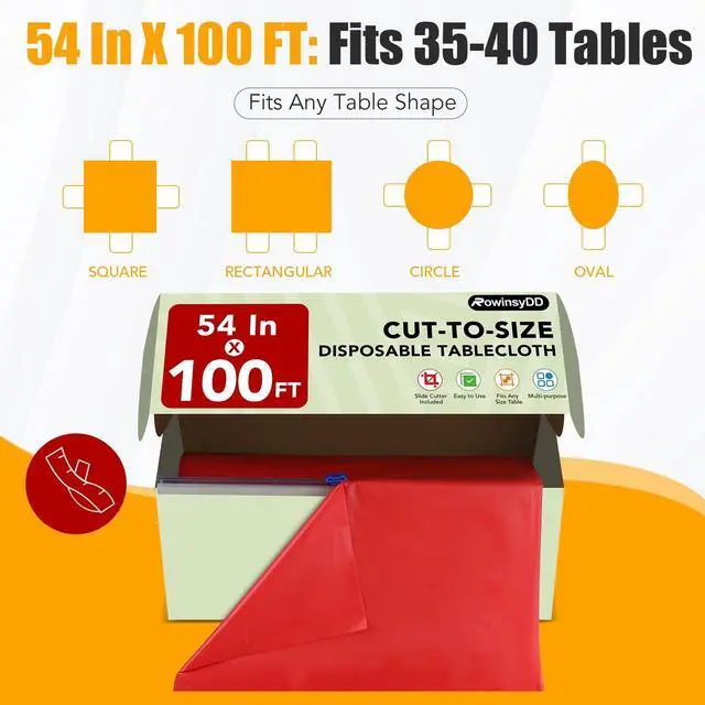 Alt view image 4 of 6 - 54 in X 100 FT Red Plastic Table Cover Roll with Slide Cutter, Cuts Up to 12 Rectangle 8 Feet Disposable Plastic Table ClothsDisposable Table Cover Roll for Dinning, Parties, BBQ, Wedding, Outdoor