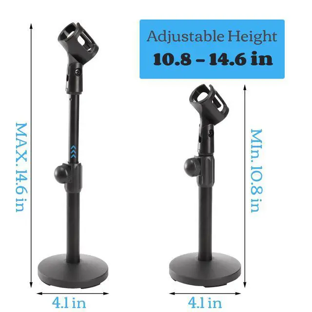Alt view image 2 of 7 - 2 Pcs Microphone Stand Desktop, Adjustable Table Mic Stand with Mic Clip and 5/8" Male to 3/8" Female Screw Adapter, Heavy Base, Compatible with Most Mics