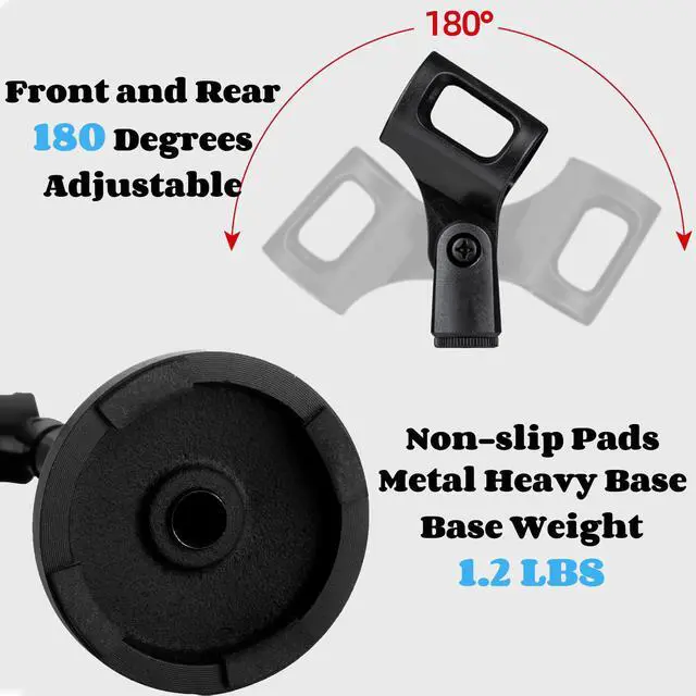 Alt view image 5 of 7 - 2 Pcs Microphone Stand Desktop, Adjustable Table Mic Stand with Mic Clip and 5/8" Male to 3/8" Female Screw Adapter, Heavy Base, Compatible with Most Mics