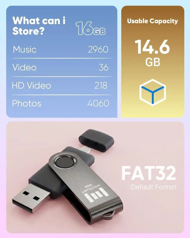 Alt view image 6 of 6 - 16GB USB C & USB A 2.0 Swivel Dual Flash Drive,Black