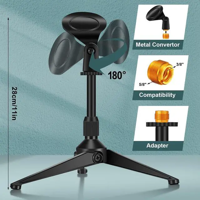 Alt view image 2 of 7 - 3 Pack Desktop Mic Stand Portable Foldable Tripod with Mic Clip Holder Adjustable Height Tabletop Microphone Stand 5/8 Inch Male to 3/8 Inch for Dynamic Recording Podcast
