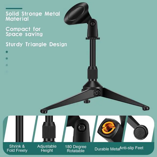 Alt view image 4 of 7 - 3 Pack Desktop Mic Stand Portable Foldable Tripod with Mic Clip Holder Adjustable Height Tabletop Microphone Stand 5/8 Inch Male to 3/8 Inch for Dynamic Recording Podcast