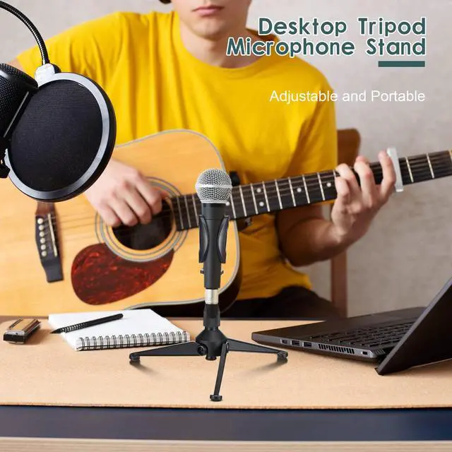 Alt view image 3 of 7 - 3 Pack Desktop Mic Stand Portable Foldable Tripod with Mic Clip Holder Adjustable Height Tabletop Microphone Stand 5/8 Inch Male to 3/8 Inch for Dynamic Recording Podcast