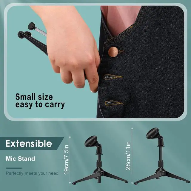 Alt view image 5 of 7 - 3 Pack Desktop Mic Stand Portable Foldable Tripod with Mic Clip Holder Adjustable Height Tabletop Microphone Stand 5/8 Inch Male to 3/8 Inch for Dynamic Recording Podcast