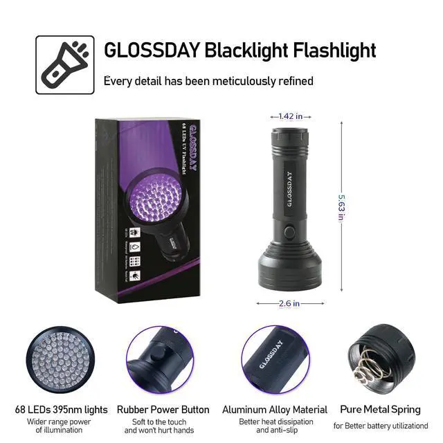 Alt view image 6 of 6 - Blacklight Flashlight 68 LED UV Flash Light,Ultraviolet Flashlight Black Light Professional Pet Urine Detector for Dog/Cat Urine,Pet Stains,Hunting Scorpions